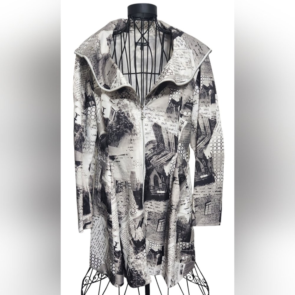 Samuel Dong Trench Coat Womens Size Large Gray Black Newspaper Style No Belt